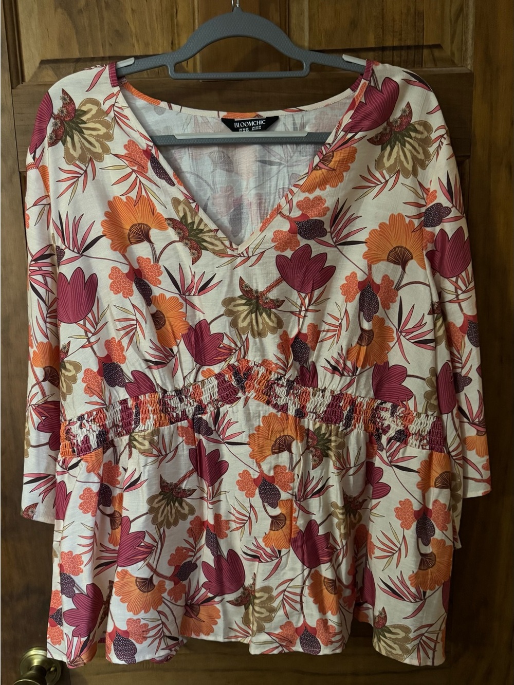 BloomChic Floral V-Neck Tunic - Cream with Orange & Pink